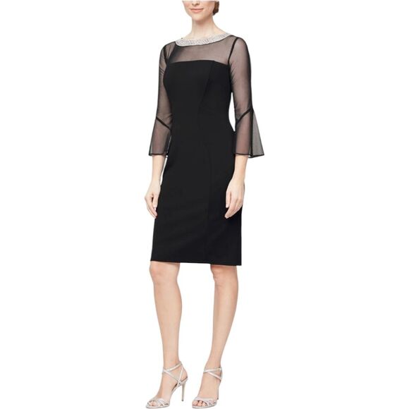 Alex Evenings Dresses & Skirts - Alex Evenings dress Short Sheath Crepe Cocktail Beaded Illusion bell sleeves 14p